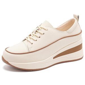 Women's Leather Lace-Up Platform Wedge Sneakers Breathable Lightweight
